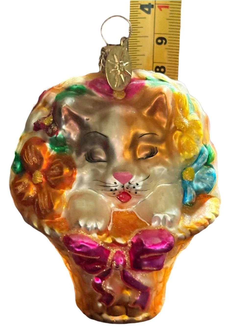 Christopher Radko Glass Ornament Kitty Cat and Flower Basket Retired 2002